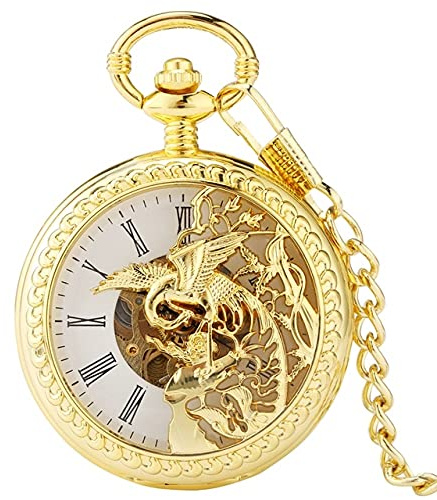 YIHANSS Taschenuhr im Retro-Stil, Bronze, Phönix-Schnitzerei, Hohle Abdeckung, doppeltes offenes Gehäuse, mechanische Handaufzug-Kettenuhr für Männer und Frauen