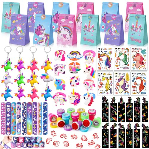 84Pcs Einhorn Party Mitgebsel Kindergeburtstag Mädchen Einhorn Kratzbilder Schnapparmband Ringe Stempel Schlüsselanhänger DIY Aufkleber Geschenktüten Give Away Mitbringsel Geburtstag Geschenke Kinder