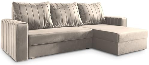Masseno Ecksofa Carl mit Schlaffunktion L-Form, Sofa mit Bettkasten, Wohnzimmersofa, Couch, Soffa, Bettsofa, Couchgarnitur- Beige, Paros 02