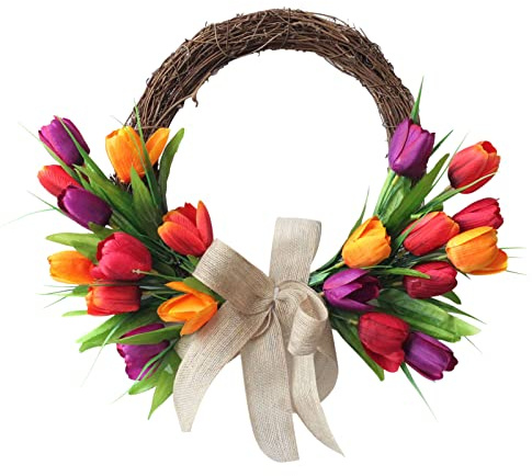 Artificial Tulip Wreath Diameter 40cm, Half Covered Spring/summer Door Wreath, Artificial Flower Wreath, Artificial Rattan Wreath,Hanging Holiday Decoration with Green Leaves and Burlap Bow, Colourful