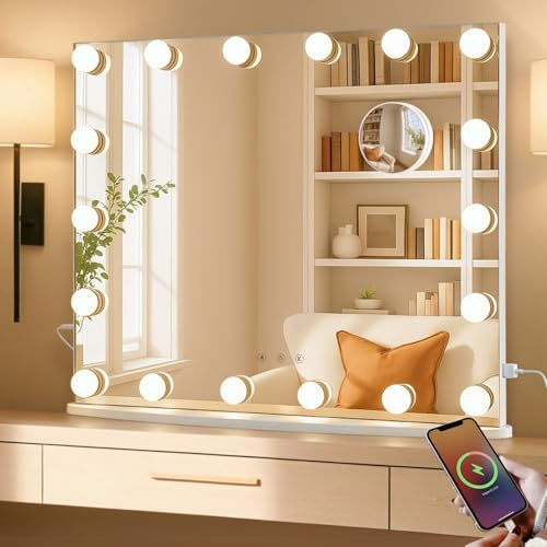 LUXFURNI Hollywood‑Schminkspiegel mit LED‑Licht, 60 × 52 cm | 18 LED‑Leuchten, 360° schattenfreie Beleuchtung, 3 Lichtmodi, USB‑Laden, Tisch‑& Wandmontage für Schlaf‑& Schreibtische