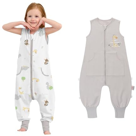 LAT Baby sovsäck med fötter 2-pack, baby sommarsovsäck med fötter, 0,5 TOG barnsovsäck med ben, 100 % bomull barn sommarsovsäck med fickor för pojkar och flickor, Giraff + grå, M, M-XL
