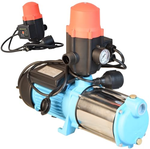 Wasserpumpe MAX-H 1300 mit Elektronische Druckschalter BRIO - Pumpensteuerung - Gartenpumpe (1300 W, 6000 l/h, Förderhöhe 55m) - Gußeisen Edelstahl INOX - Einschaltdruck einstellbar Trockenlaufschutz