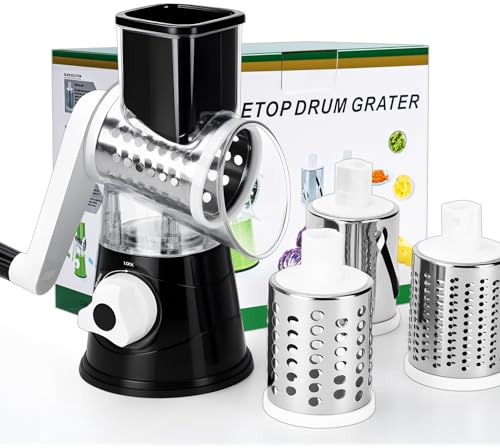 Rotary Cheese Grater Hand Crank Cheese Shredder with 3 Stainless Steel Blades, Rotary Grater, for Fresh Cheese, Vegetable, Nuts,Non-slip Suction Base, Black