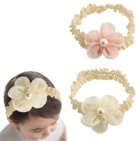RVYEIOP Flores diademas bebe, suave lazos pelo bebe, diadema elástica, apta para bebés y recién nacidos (color beige, rosa).