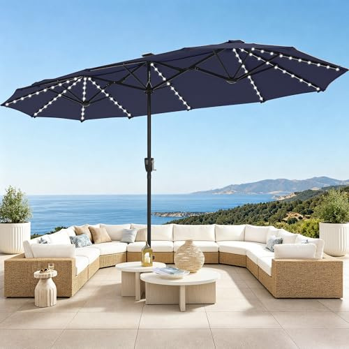 PHI VILLA Sonnenschirm Rechteckig Groß 380x200cm für Garten Terrasse Gartenschirm mit Kurbel UV Schutz Parasol Windfest