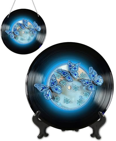 Ginfonr Diamond Painting Kits Hanging Pendant, Butterfly Summer Decorations Outdoor, Record Crystal Ornaments Diamond Art Suncatcher, Double Sided Hanging Kits for Garden Window (20x20 cm)