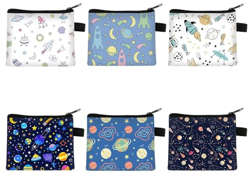 Fubuuf 6 Piezas Mini Monedero Espacial Infantil, Portátil Pequeño Bolso de Monedas con Cremallera y Estampado de Estrellas y Planetas, Multifunción Carteras para Monedas, Llaves, Auriculares