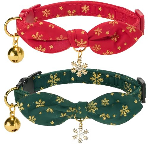 YUDOTE Weihnachts-Katzenhalsbänder, 2 Stück, mit abnehmbarer, handgeknüpfter Schleife, Anhänger und Glöckchen für Katzen, Grün, Rot