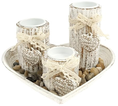 Juego de portavelas con bandeja, 3 candelabros, 1 bolsa de piedras, candelabro de madera, romántico, decoración de mesa, salón, sala de estar, velas, cena, mesa de boda