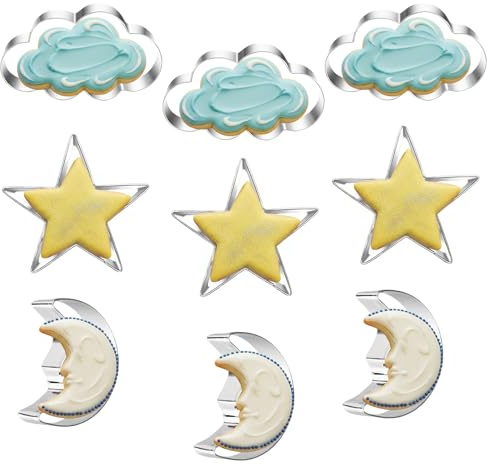 9 Pcs Star Moon Cloud Cookie Cutters Set Stainless Steel Biscuit Cutters Dishwasher Safe for Baking Cookies Cakes Fondant Decorations Holiday Treats Pastry Doughs