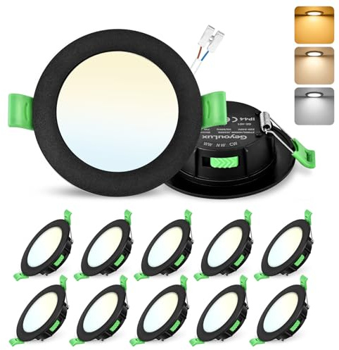 GeyouLux LED-infälld spotlight, håldiameter 65–75 mm, 7 W, 700 lm, LED-spotlight, 230 V, dimbar, IP44, 2 700/4 000/6 500K, extra platta spotlights, taklampa för badrum och kök, svart 10 st