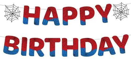 Adecortalk Spider Happy Birthday Banner Black Red Spider Web Birthday Banner Cartoon Movie Hanging Garland Party Decorations for Kids Spider Theme Baby Shower Party Supplies