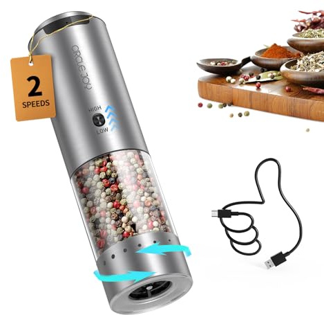 CIRCLE JOY Electric Pepper Grinder Stainless Steel Rechargeable Pepper Mill with Variable Grinding Speed, External Adjustable Coarseness, 95ml Container and White LED Light, Silver