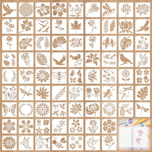 80 Stück Schablonen 7.6x7.6cm – Wiederverwendbare Malschablonen Kinder & Erwachsene für DIY Holz Schablonen Wandgestaltung Scrapbooking Kunststoff Zeichenschablonen mit Blumen Tieren Insekten