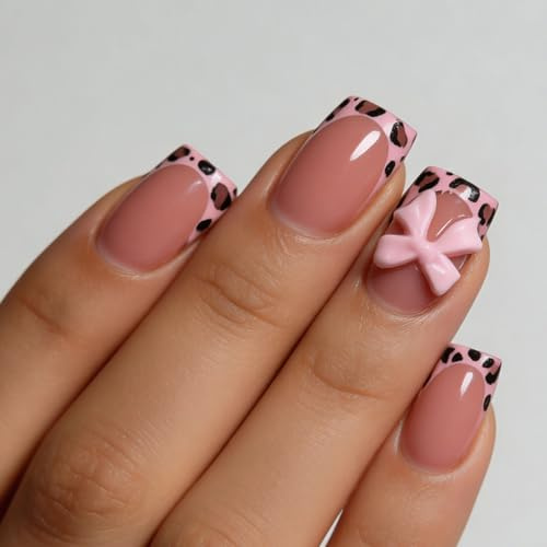 Tastetreasure 24 Unghie Finte con Stampa Leopardata con Fiocchi Rosa, Unghie Finte Quadrate con Punta Francese per Donne, Kit di Unghie in Acrilico di Lusso con Colla in Gel, Lima e Adesivo