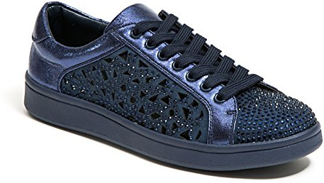 Lady Couture Laser Cut Sneakers with Rhinestone Women's Shoes, Rubber Sole Lightweight Casual Fashion Sneakers with 1-Inch Flat Heel Paris Navy 41