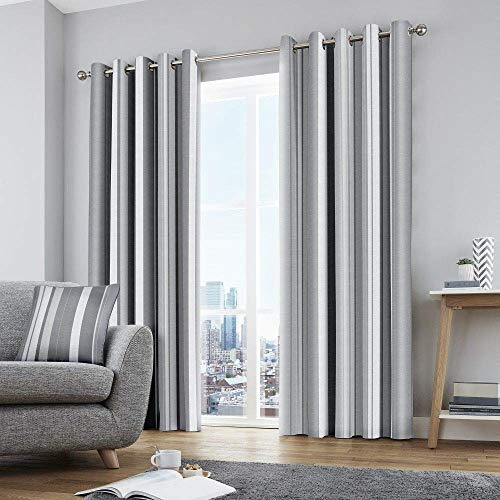 Fusion Eyelet Curtains – Grey Stripe – W46 x L54 (117 x 137cm) – 2 Panels – 100% Cotton – Window Treatment for Bedroom & Living Room – Strata Collection – Matching Cushion Available