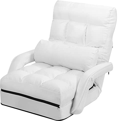 COSTWAY Bodenstuhl mit Schlaffunktion, Bodensofa mit Verstellbarer Rückenlehne, gepolstertes Klappsofa mit Armlehnen und Kissen, Bodensessel, Bodenstuhlsofa für Zuhause und Büro (Weiß)