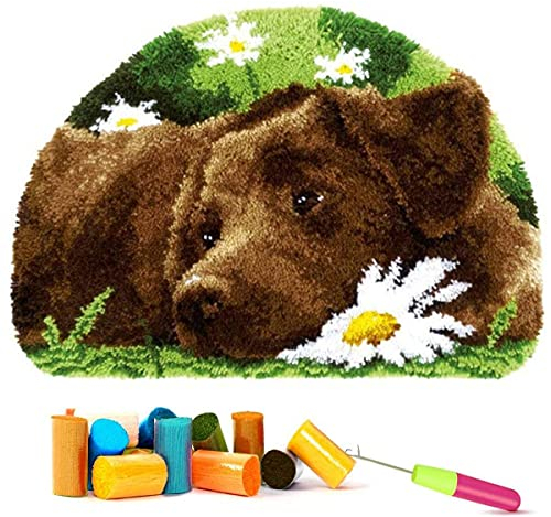 EMISTEM Latch Hook Kits for Adults - DIY Latch Hook Rug Kits for Kids, Crochet Kit for Beginners, Rug Making Kits with Printed Canvas, Gift Packaging. (Dog in Flowers,15x21)