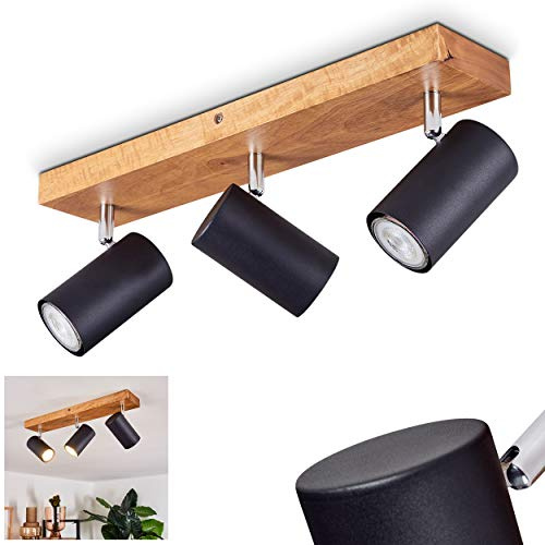 HOFSTEIN Deckenleuchte Zuoz, verstellbare Deckenlampe aus Metall/Holz in Schwarz/Naturfarben, Leuchte im Retro/Vintage-Design mit Holzbalken, 3 x GU10, Wohnzimmer, Esszimmer, Schlafzimmer, Küche