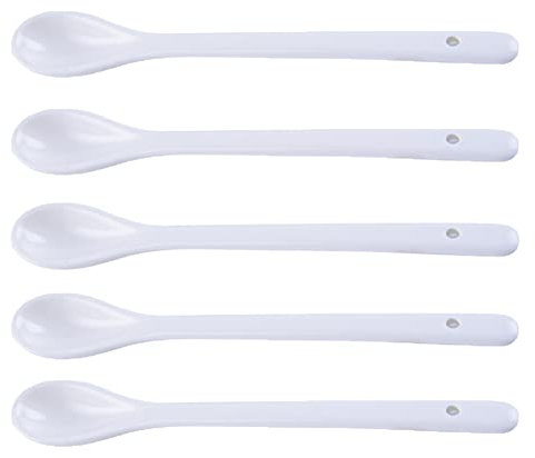 AKOAK 5 cucharas de porcelana blanca de 6.7 pulgadas con mango largo para mezclar café, postre, yogur, té con leche y helado