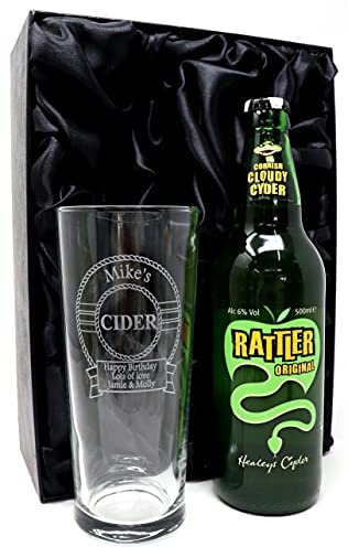 Regalo Personalised Engraved Pint Glass & Cider Gift Set - Cider Design (Rattler Original Cornish Cider, Silk Lined Gift Box)