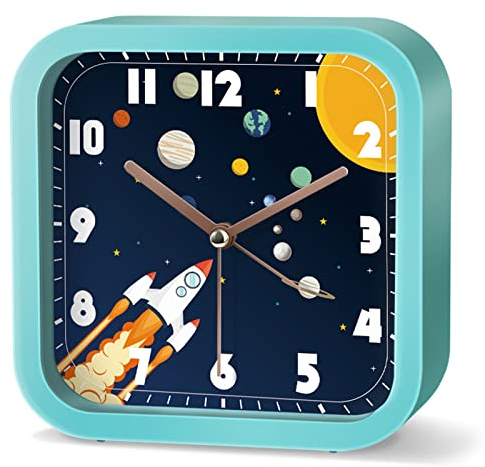EXQULEG Analoger Wecker für Kinder, Kinderwecker Ohne Ticken, Platz Wecker mit Raketen Astronautmotiv Wecker für Junge Mädchen und Schüler (NZA179)