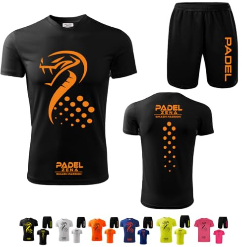 ZENA Kit Completo Padel Uomo composto da Maglia Tecnica Elasticizzata Traspirante Dry Fit e pantaloncini uomo con tasche. Tinta Unita con Disegno Cobra Made in Italy (L, Nero/Arancione)