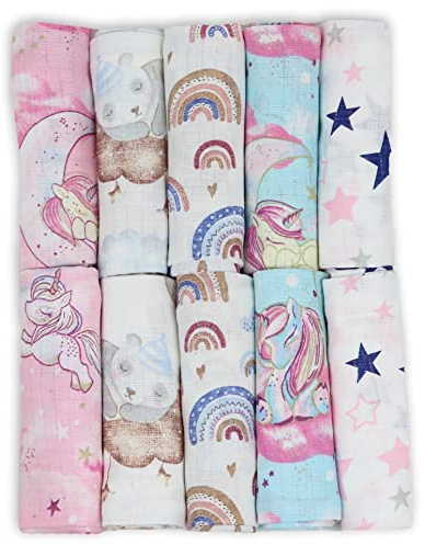 FENSILO Confezione da 10 panni in mussola, 70 x 80 cm, prodotti in UE, testati contro le sostanze nocive, per bambine, colore rosa, certificati Oeko-TEX