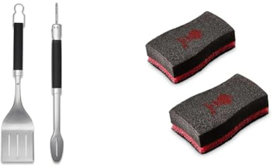 Weber 6763 Precision Grill Tongs & Spatula Set Premium Grillbesteck-2-teilig, Schwarz/Silber & 17688 Reinigungsschwamm, 2 Stück, 25.0 x 6.0 x 9.0 cm