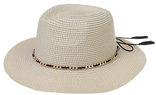 JK Home Panama Fedora Sombreros Trilby Sombrero de paja para el sol de verano, ala ancha, plegable, para mujeres y hombres, talla única, UPF 50+ gorra de playa, Braid Beige - Cadena, Talla única