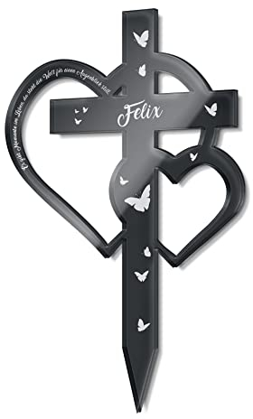 CHRISCK design Großes Tier Grabkreuz mit Gravur & Schmetterlingen - personalisierte Grabdeko Katze Hund - Grabstecker Tier in Kreuz Herz Form - große Motivauswahl! - wetterfest für Tiergrab Grab