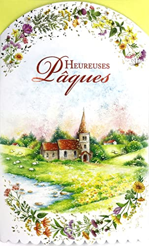 12-6008 Carte Joyeuses Pâques église Chrétienne Moutons Agneaux Paysage Champêtre Fleurs Printemps Livré avec Enveloppe Format 12x19,5cm Papier écolabel FSC Gestion Durable Forêts Fabriqué en Europe
