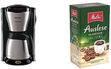 Philips Filterkaffeemaschine – 1.2-Liter-Thermoskanne, Edelstahl, silbern/schwarz + Melitta Auslese Filter-Kaffee 500g, Pulver für Filterkaffeemaschinen, starke Röstung, geröstet in Deutschland