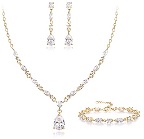 EVER FAITH Cubic Zirkonia Schmuck Set für Braut Brautjungfer, funkelnde elegante Teardrop Anhänger Halskette baumeln Ohrringe Armband für Damen Klar Gold-Ton