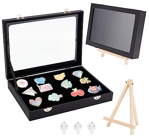 OLYCRAFT Vitrine Für Anstecknadeln Aus Samt Schwarz Vitrine Mit Durchsichtigem Glasfenster Vitrine Für Anstecknadeln Mit Holzhalterung Und Eisenverschlüssen Für Sammelnadeln - 23x18x3.2 cm