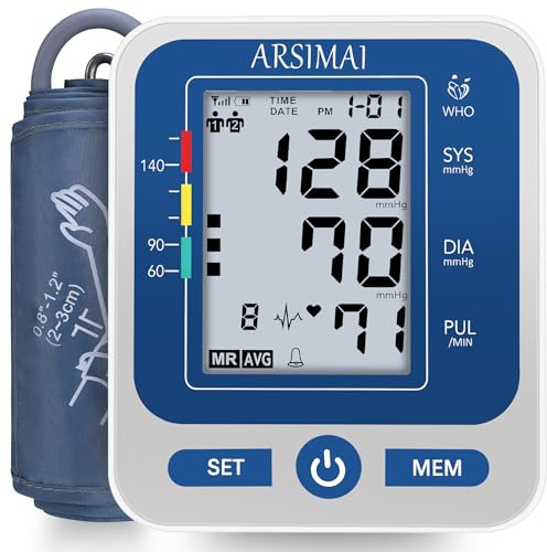 ARSIMAI Moniteur de Pression Artérielle pour Usage Domestique, Tensiomètre Automatique de Bras avec Mémoire 2x99 Mesures, Grand Écran LCD, Tensiomètre Numérique avec Brassard Large de 22-44 cm, Bleu
