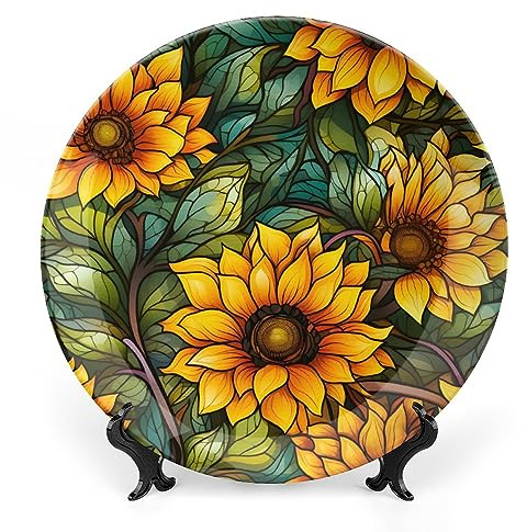 Gokays Decorative Plates, Autumn Flowers Stained Glass Design Ceramic Dinner Plate Home Wobble-Plate with Display Stand, Wall Hanging Decor for Kitchen Household 6 Inch, Gifts for Sunflower Lover
