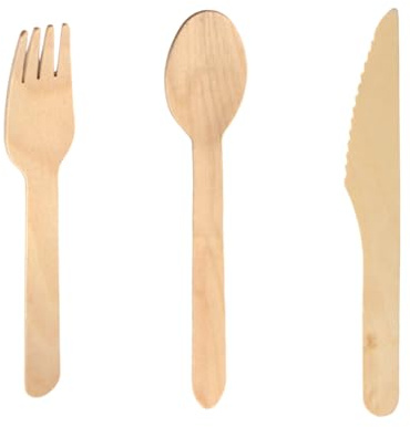 Enpack Bio Besteck Set aus Holz jeweils 100 Stück - Umweltfreundliche Messer, Gabel, Löffel Besteck Sets - 165mm Messer - 160mm Gabel - 160mm Löffel Eco friendly