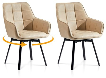 TUKAILAI 2er Set Esszimmerstuhl Drehbar 360°Kunstleder Armlehne, Beige | Drehbar Polsterstuhl mit Metallbeinen, Ergonomischer Rückenlehne & 7cm Kaltschaum , Robust bis 150kg für Küche, Homeoffice