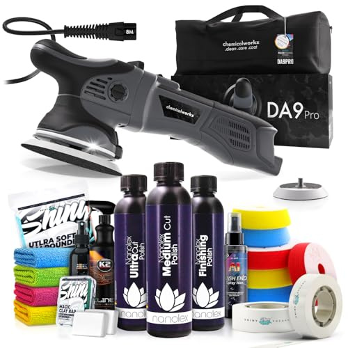 Poliermaschinen Set: chemicalworkz DA9 Pro Exzenter Poliermaschine + Nanolex Politur Set + Royal Pads Premium Polierpads + Dr. Wack Versiegelung für Lack + Zubehör | 20-teilig