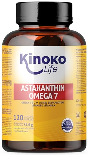 Astaxanthin und Omega7 aus Sanddornöl – 120 Kapseln mit Omegas 3, 6, 7, 9, Lutein, Betacarotin, Vitamin E und A. Glutenfrei. GMO-frei