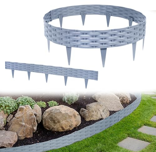 YRHome 20m Rasenkante Beeteinfassung Beetumrandung Gartenpalisade mit 20 Elemente á 100 cm Kunststoff Rattan Design Beetzaun Weidezaun Palisaden Biegbarer UV-beständig Wetterfest Erdspieß Grau