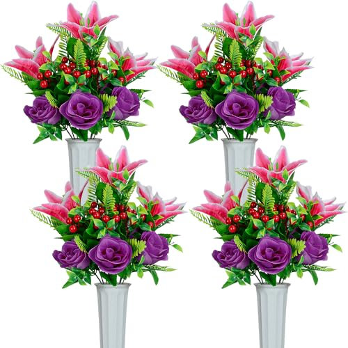 Artificial Cemetery Roses and Lilies, Set of 4 Memorial Flowers with Vase for Outdoor Headstones and Graveyard Decoration