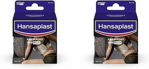 Hansaplast Kinesiologie Tape 2er-Set, wasserfestes Sport Tape lindert Muskelschmerzen und fördert die Durchblutung*, Kinesio Tape bietet Unterstützung für Gelenke und Muskeln*, 1 Rolle, Schwarz