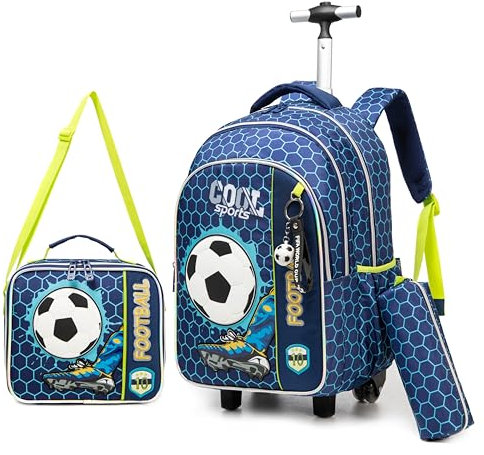 Meetbelify Fußball-Rollrucksack für Jungen, 3-in-1-Rucksäcke mit Rollen, Kinderkoffer für Jungen, Reisegepäck mit Lunchbox, Federmäppchen für Grundschüler, Schulbedarf, Jungen-Fußball, Dunkelblau