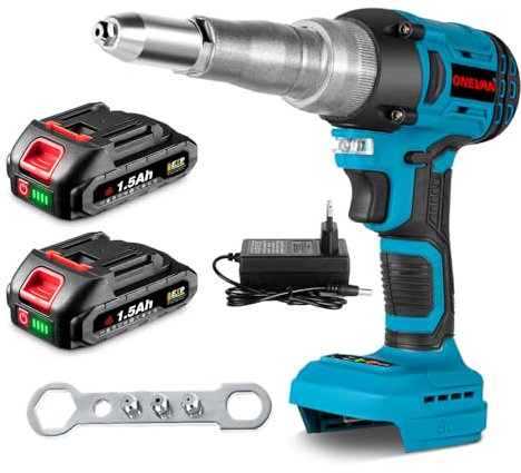ONEVAN rivettatrice a batteria, 20.000N pistola per rivetti 2,4-5,0 mm, con 2 batterie 1.5Ah, storke 18mm, senza spazzole, rivettatrice elettrica automatica, pistola rivettatrice batteria