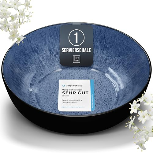 Steingut Servierschüssel Ibiza TESTSIEGER, Traumhafte Mediterrane Salatschüssel, Servierschale - Bowl Schüssel Groß, Salatschale - Pure Living in Tiefblau