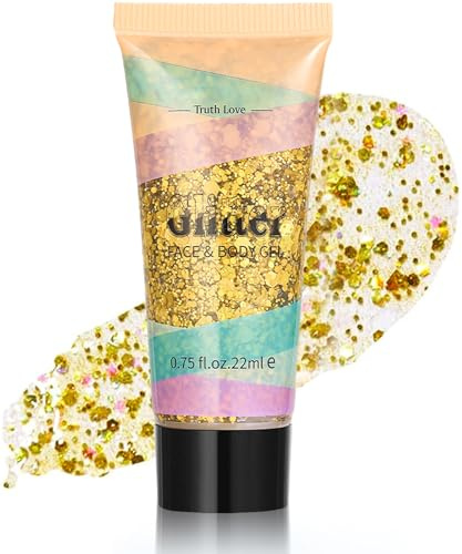 Glitzer Gesicht, Glitzer Schminke Gesicht, Chunky Glitzers Make Up, Meerjungfrau Festival Glitzers Gesicht Gel, Body GlitterGel für Festival, Party, Face, Haare, Lippen (Gold)